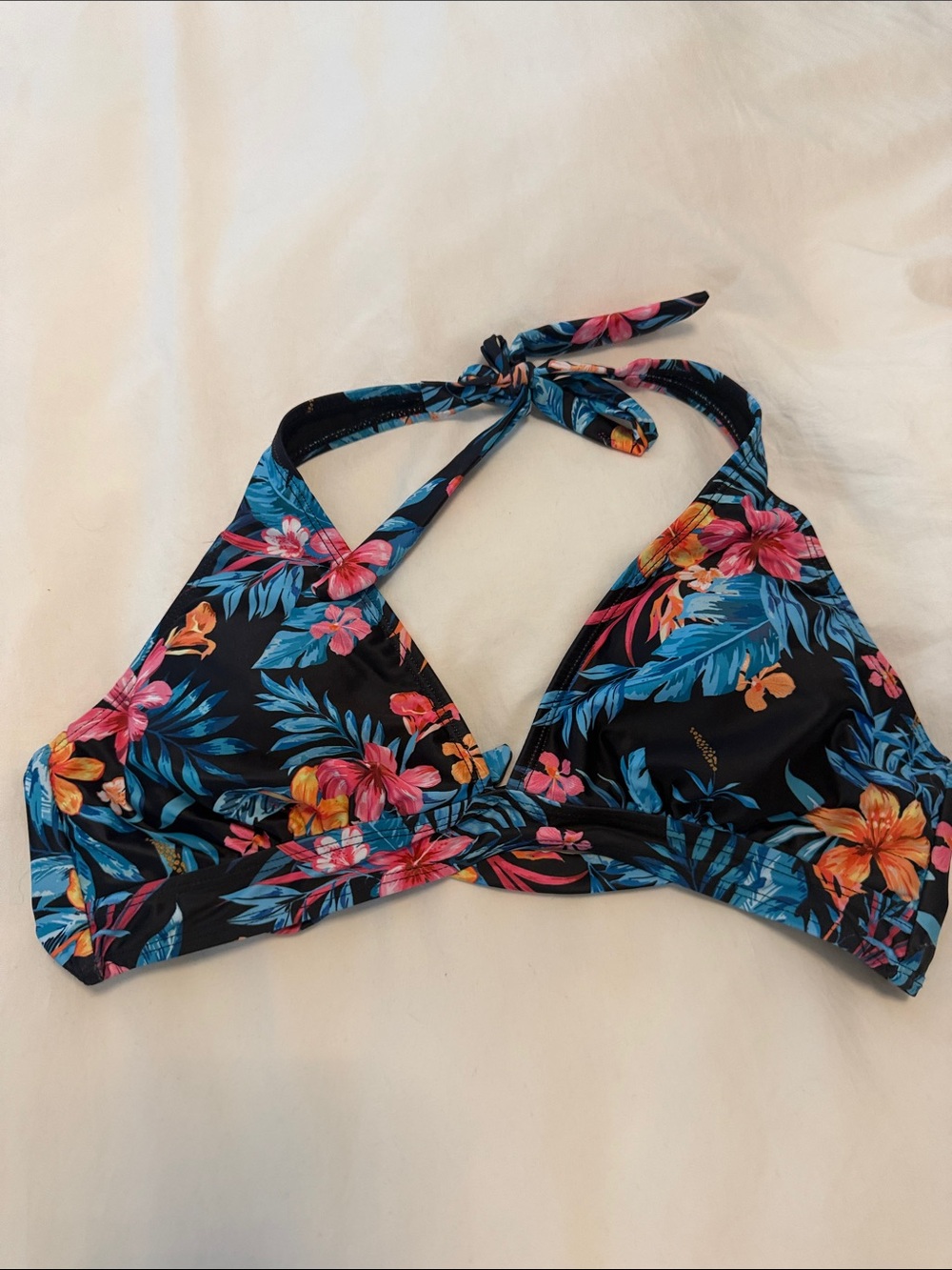Holipick Floral Halter Bikini Top in Black with Tropical Print Small